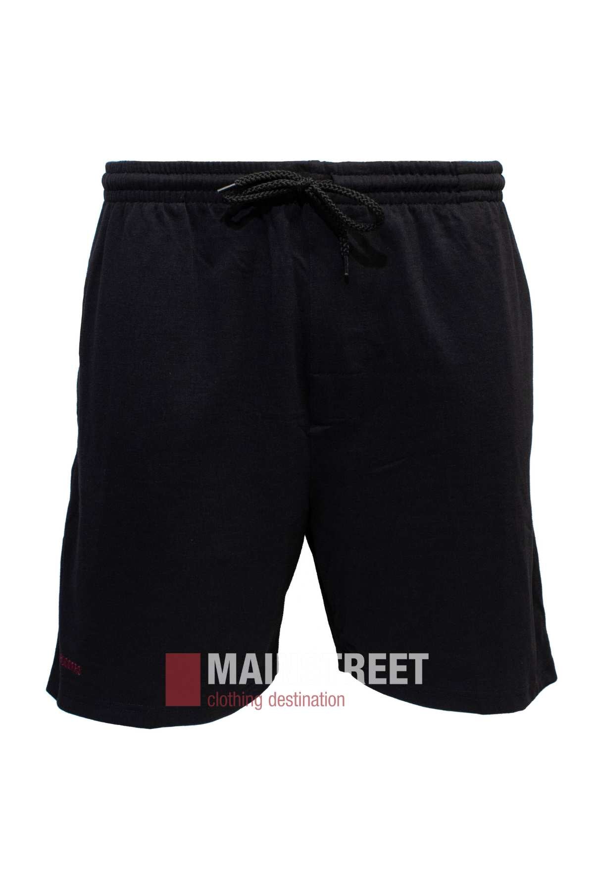 The Ruggers Jersey Knit Sweat Short is black with an elastic waistband, black drawstring, and a subtle red logo on the bottom left leg. Made from comfortable polyester/cotton fabric, these plain athletic shorts partially reveal the "MAIN STREET clothing destination" at the bottom.