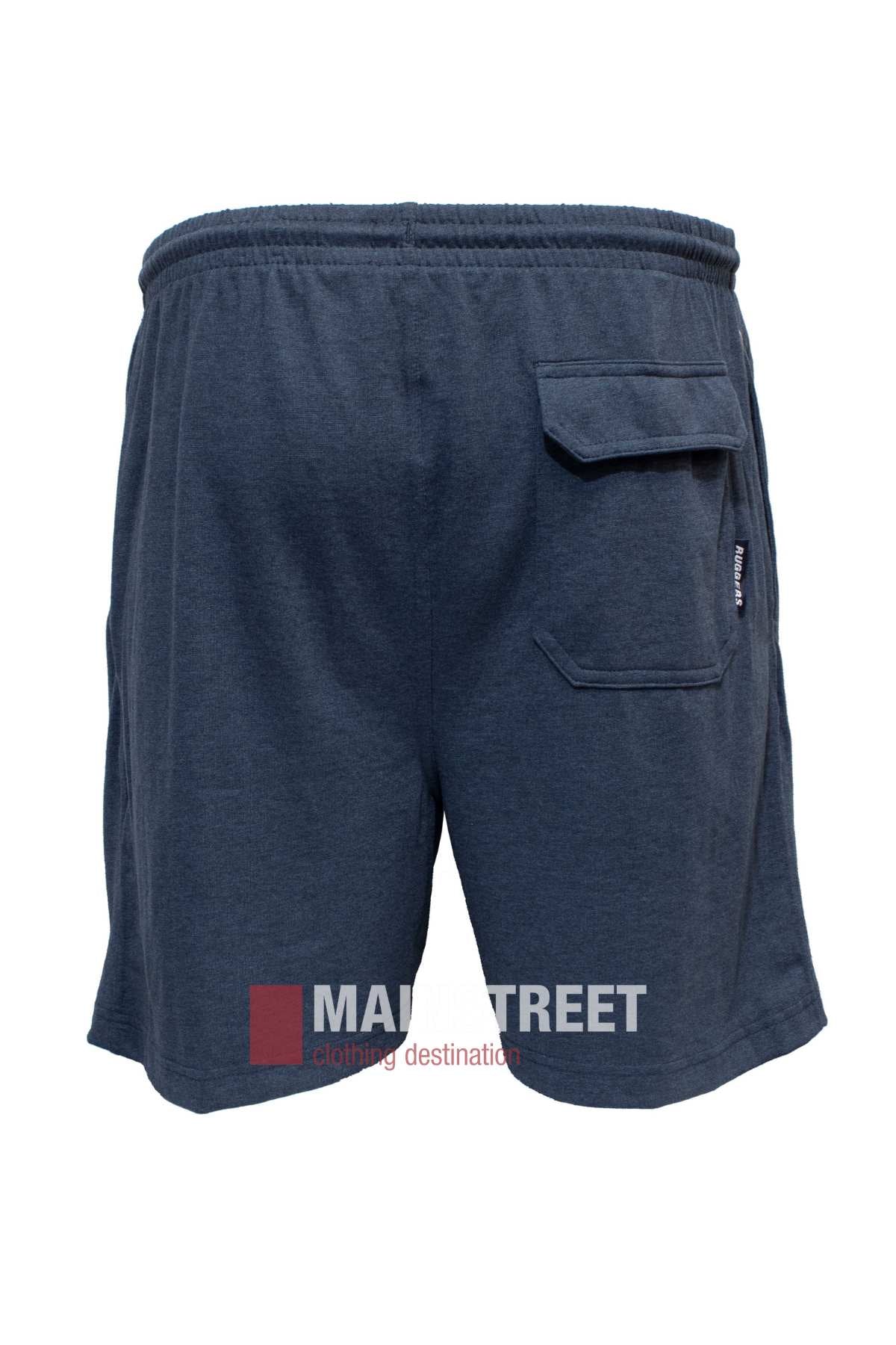 The Ruggers Jersey Knit Sweat Short in navy blue features an elastic waistband and a back flap pocket. Made from soft knit fabric, they provide comfort ideal for casual wear or sports activities.