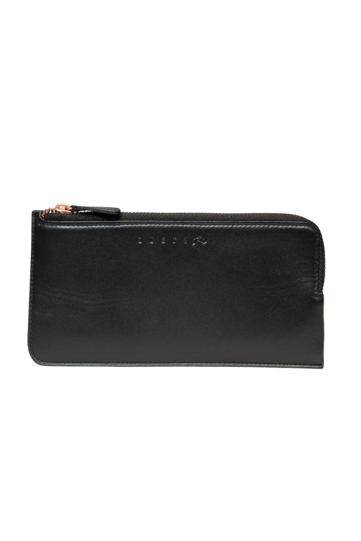 The Rusty Trafalgar Leather Wallet is a black full grain leather zippered pouch with a simple rectangular design, card compartments inside, and small embossed letters on the front. The zipper runs along the top edge.