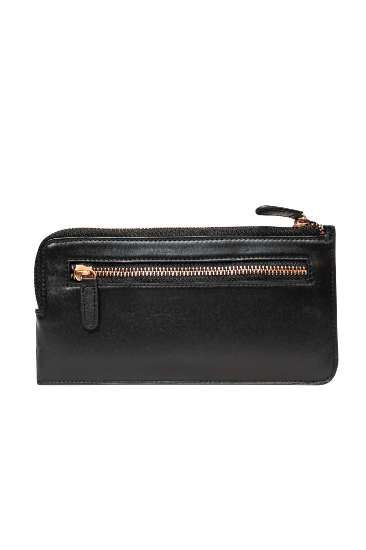 The Rusty Trafalgar Leather Wallet in black full grain leather features a gold zippered outer pocket and matching zipper pull, displayed against a white background.