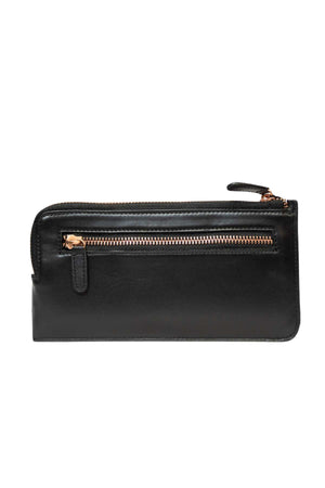 The Rusty Trafalgar Leather Wallet in black full grain leather features a gold zippered outer pocket and matching zipper pull, displayed against a white background.
