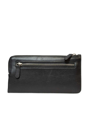 The Rusty Trafalgar Leather Wallet is a multifunctional, sleek black accessory with card compartments and a front zippered pocket, all secured by a top edge zipper. Displayed against a white background.