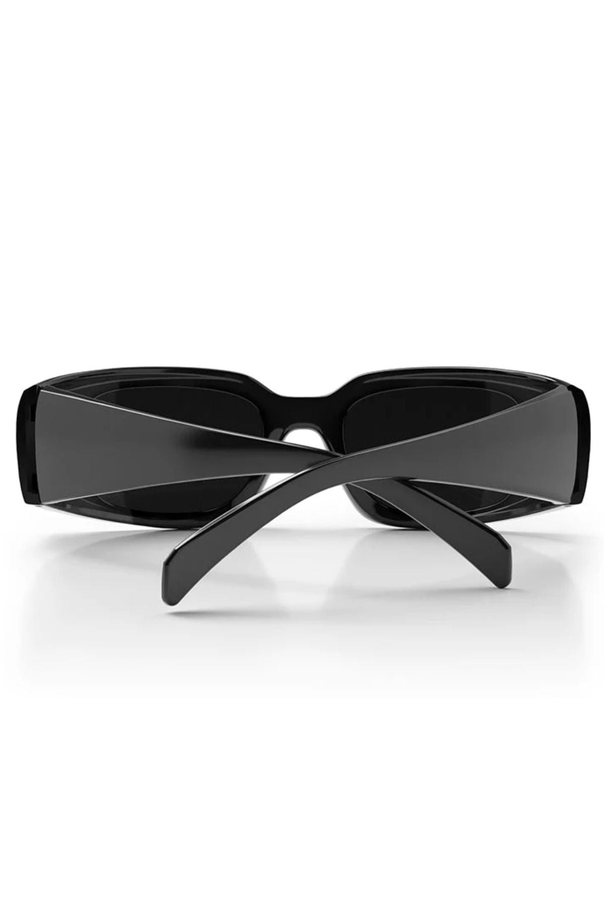 The SafeStyle Auras Black Frame Grey Polarised Lens sunglasses provide eye protection and are displayed from the back with crossed arms on a white background.