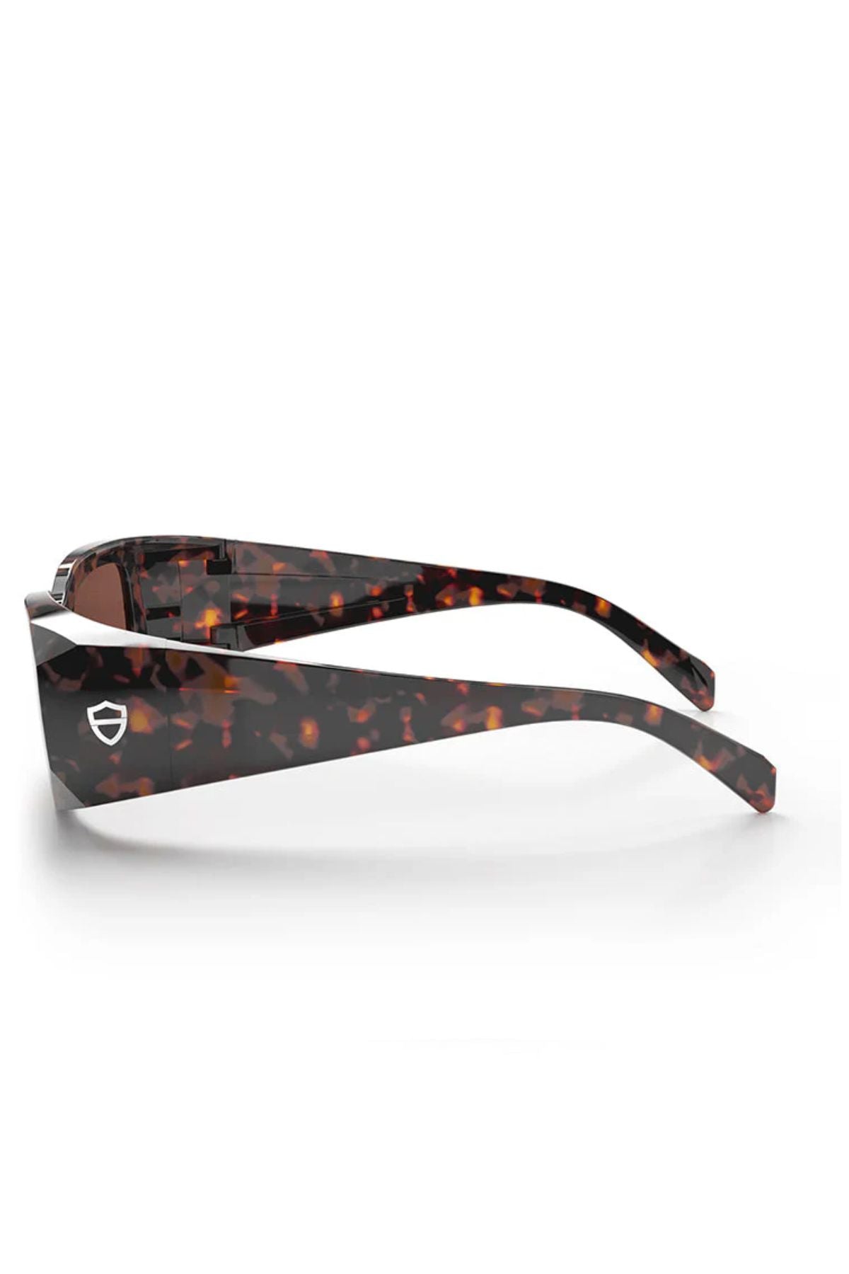 Side view of SafeStyle Auras sunglasses featuring thick, brown tortoiseshell frames and brown polarised lenses. The temple arm displays a small silver shield logo for added style and full UV400 protection.