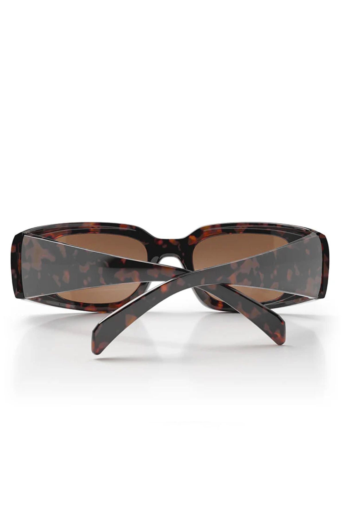 The SafeStyle Auras features a brown tort frame and brown polarised lenses in a rectangular style, made with shatterproof polycarbonate for durability. Displayed from the back with crossed arms.