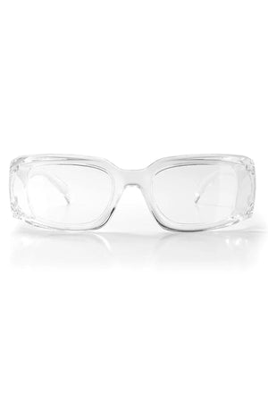 The SafeStyle Auras Clear Frame Clear Lens features thick, transparent rectangular frames and shatterproof polycarbonate UV400 lenses, displayed front-facing on a white background.