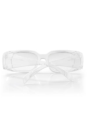 The SafeStyle Auras Clear Frame Clear Lens sunglasses feature shatterproof polycarbonate frames and provide reliable eye protection.