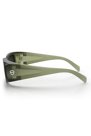 Side view of SafeStyle Auras Matte Moss Green safety glasses featuring a small shield logo on the temple, thick frames, curved arms, and grey polarised lens. Modern design with AS/NZS 1337.1 certified eye protection.