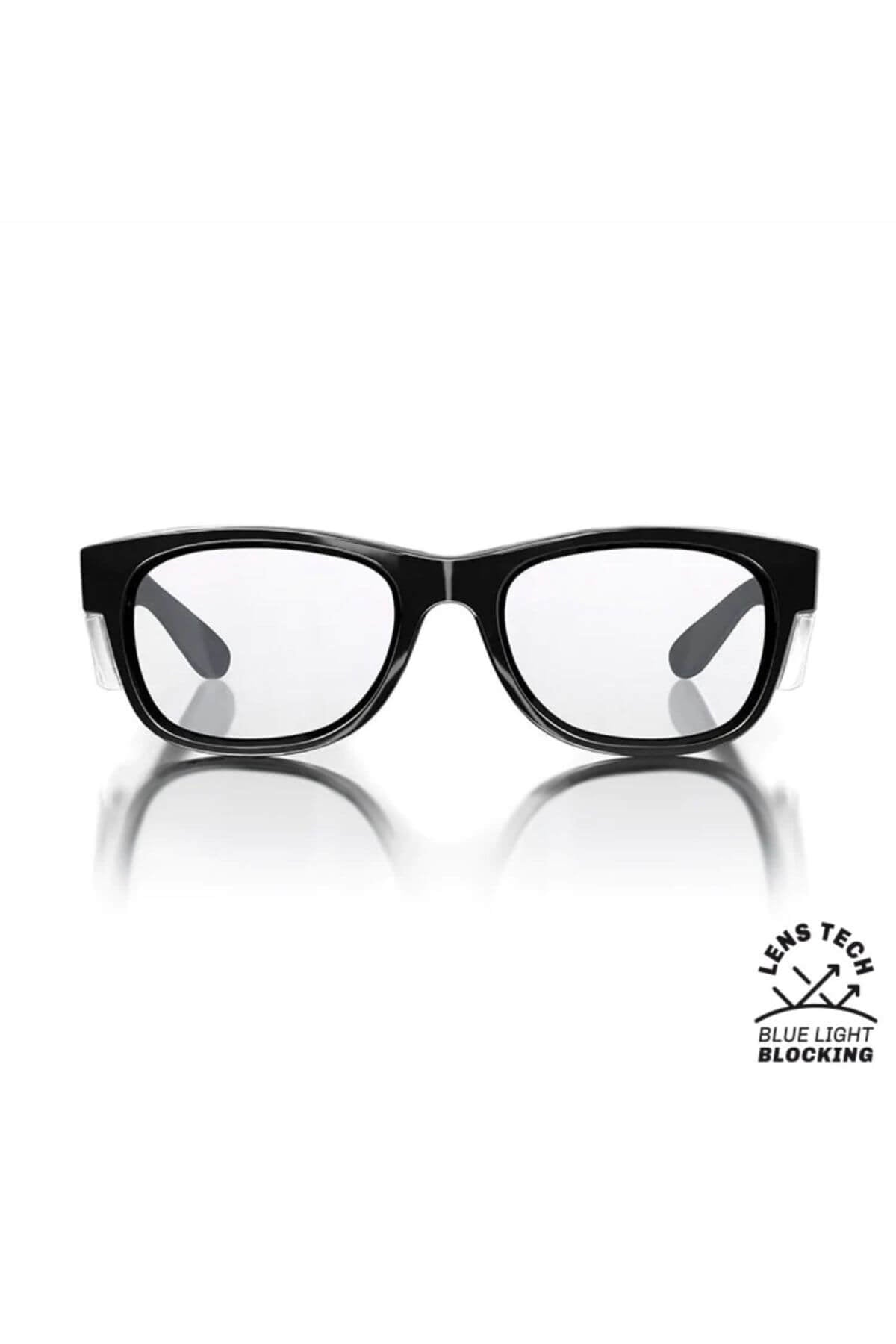 SafeStyle Classics Black Frame Blue Light Lens eyeglasses with clear lenses are shown on a white background. A small icon in the bottom right corner reads "Lens Tech Blue Light Blocking and UV400 Protection.