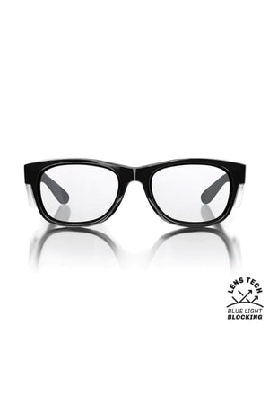SafeStyle Classics Black Frame Blue Light Lens eyeglasses with clear lenses are shown on a white background. A small icon in the bottom right corner reads "Lens Tech Blue Light Blocking and UV400 Protection.