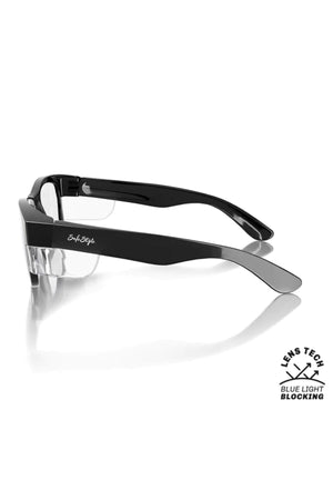 The SafeStyle Classics Black Frame Blue Light Lens features black semi-rimless eyeglasses with clear lenses, a logo on the temple, and a "Lens Tech Blue Light Blocking" badge in the bottom right corner for added protection.