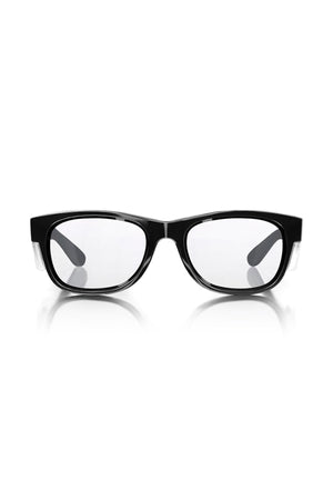 A pair of SafeStyle Classics Black Frame Clear Lens eyeglasses, viewed from the front. The frames are thick with a classic rectangular shape, and the reflection of the arms is visible on the white background. These glasses offer UV protection for added safety in bright conditions.