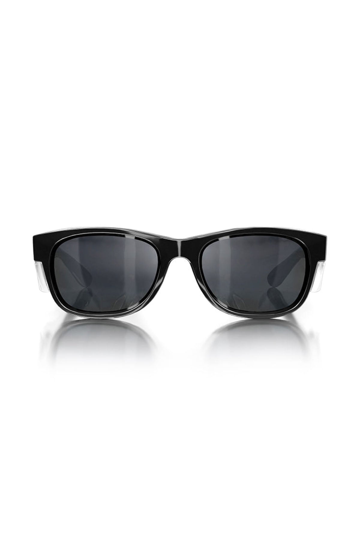 A pair of SafeStyle Classics Black Frame Tinted Lens sunglasses featuring a sleek, rectangular design and dark, tinted lenses. The symmetrical glasses are set against a white background with a slight reflection visible beneath them. These stylish shades also offer excellent UV protection.