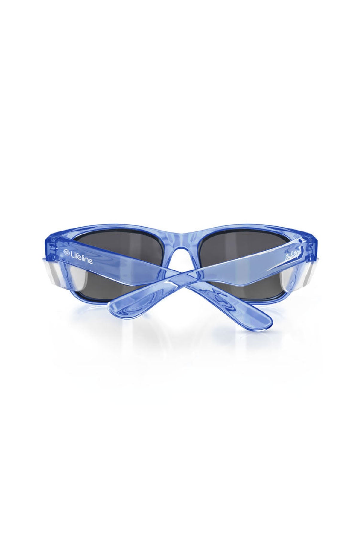 SafeStyle Classics sunglasses feature a blue frame with sporty partially crossed temples, dark polarized lenses offering UV protection, all presented on a white background.