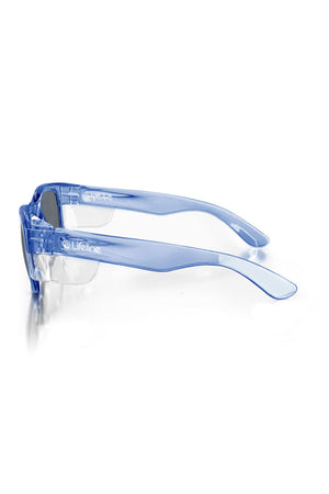 The SafeStyle Classics feature transparent safety goggles with UV protection and a light blue frame, and "Lifeline" is printed in white on one side arm.