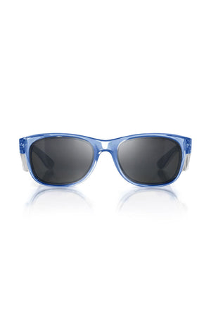 The SafeStyle Classics Blue Frame sunglasses with polarized lenses offering UV protection sit elegantly on a white background.