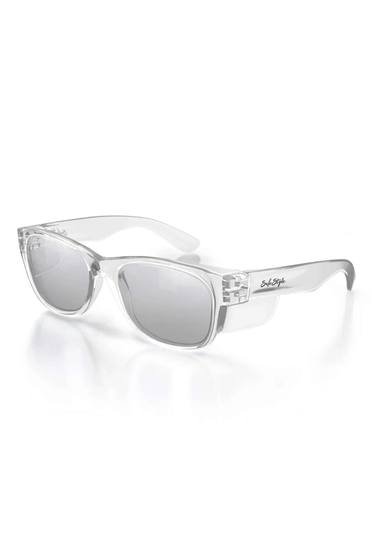The SafeStyle Classics Clear Frame Hybrids boast photochromic lenses with UV protection and shatterproof polycarbonate for durability. On a white background, the arms feature a subtle inscription near the hinge, enhancing their modern, minimalist design.