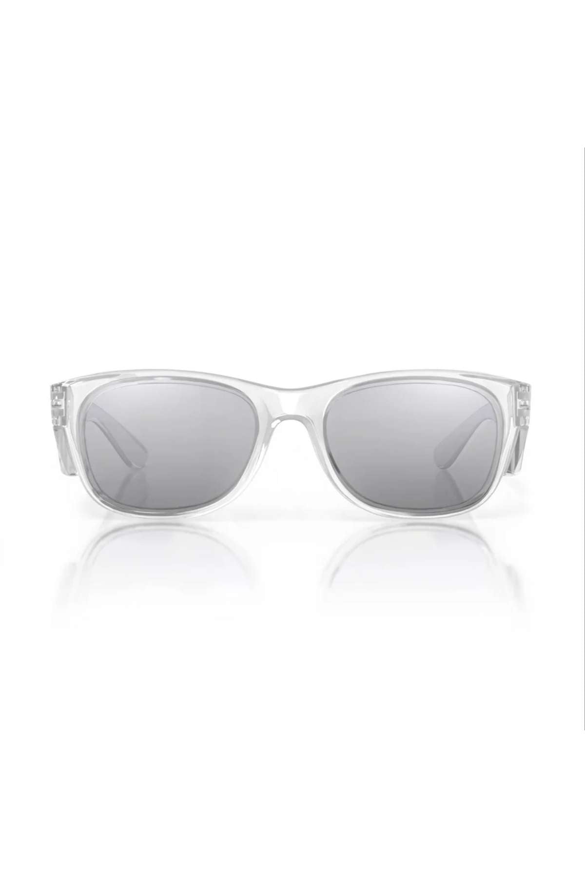The SafeStyle Classics Clear Frame Hybrids with photochromic oval lenses are shown against a plain white background, casting a subtle reflection below.