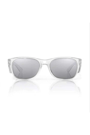 The SafeStyle Classics Clear Frame Hybrids with photochromic oval lenses are shown against a plain white background, casting a subtle reflection below.
