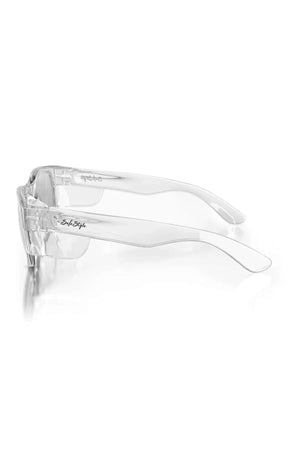 The SafeStyle Classics Clear Frame Hybrids Photochromic Lens glasses offer shatterproof polycarbonate for durability and protection, UV safety for outdoor use, and a wraparound design with transparent frames.