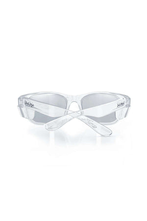 SafeStyle Classics features clear shatterproof polycarbonate sunglasses with photochromic lenses and UV protection. The "bad bunny" logo adorns the temples, and the crossed arms are displayed against a white background.