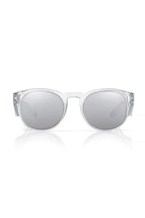 SafeStyle Cruisers Clear Frame Hybrids with photochromic, shatterproof polycarbonate lenses shown facing forward on a white background, featuring a slight reflection below.