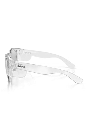 The SafeStyle Cruisers Clear Frame Hybrids feature thick clear frames, wide arms with a subtle "SubStyle" logo, and shatterproof polycarbonate photochromic lenses, shown from a side angle for added durability and style.