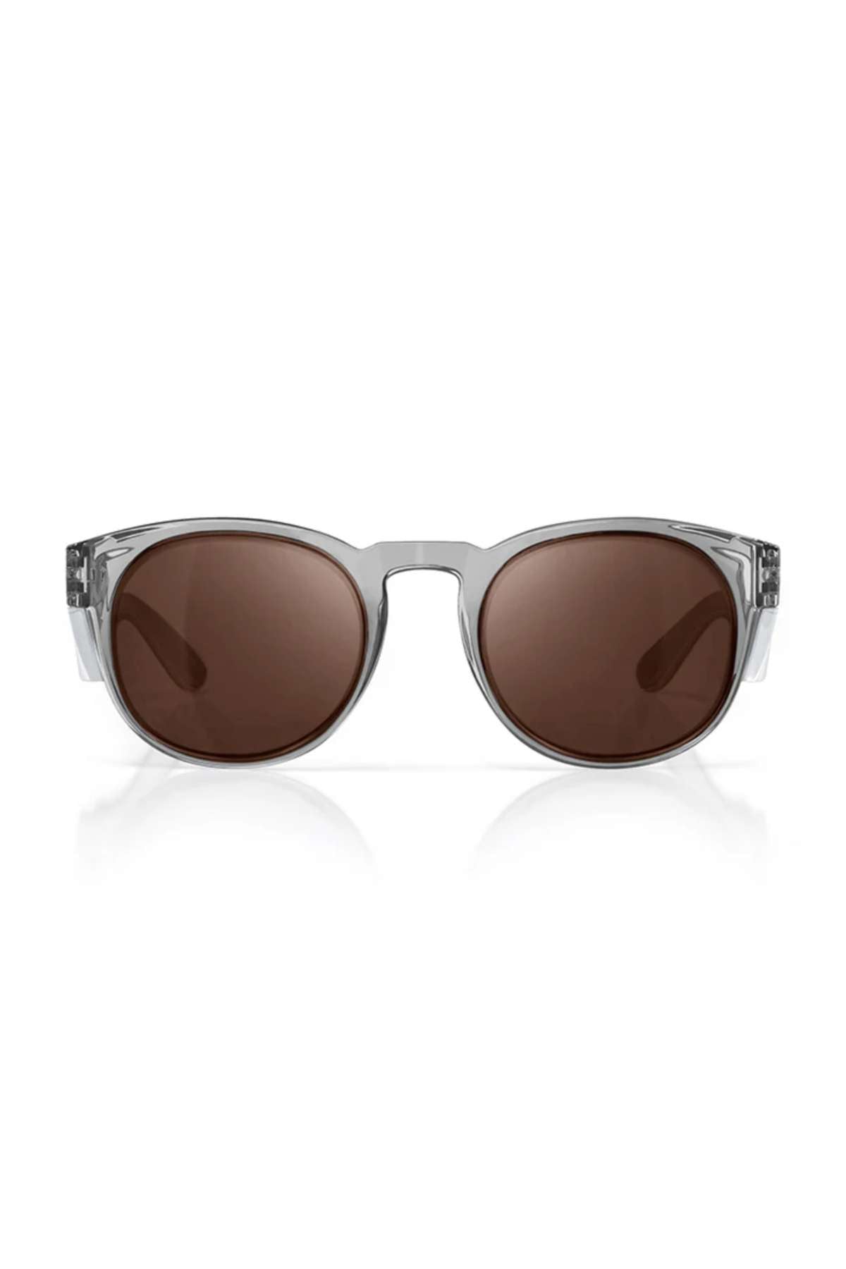 Front view of SafeStyle Cruisers sunglasses with clear graphite frames and round brown polarised lenses on a white background.