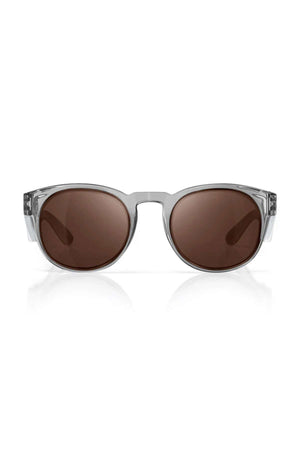 Front view of SafeStyle Cruisers sunglasses with clear graphite frames and round brown polarised lenses on a white background.