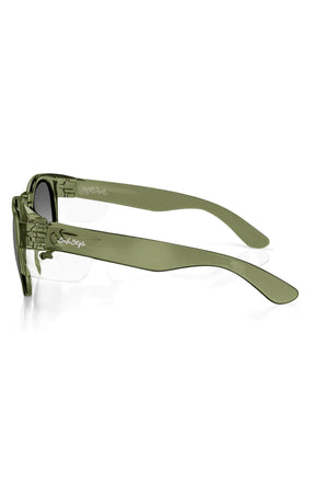 SafeStyle Cruisers feature green transparent sunglasses with thick polycarbonate frames and wide arms, viewed side-on. They include polarised lenses offering UV protection in a modern, angular style.