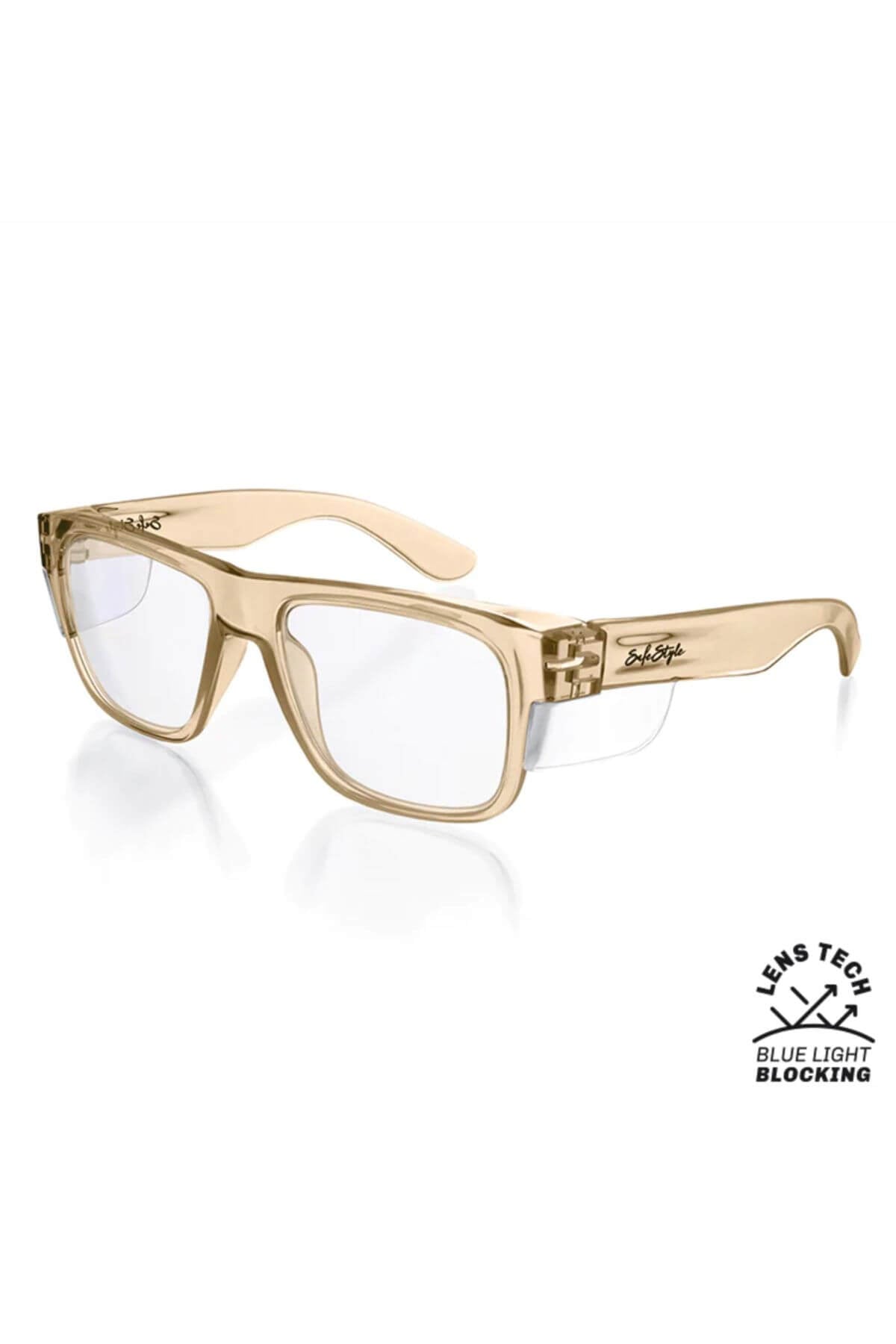 Rectangular glasses with clear lenses and light brown translucent frame; small icon on arms near hinges, labeled "Lens Tech Blue Light Blocking" for comfort, offering SafeStyle Fusions Champagne Frame Blue Light Lens with enhanced protection.