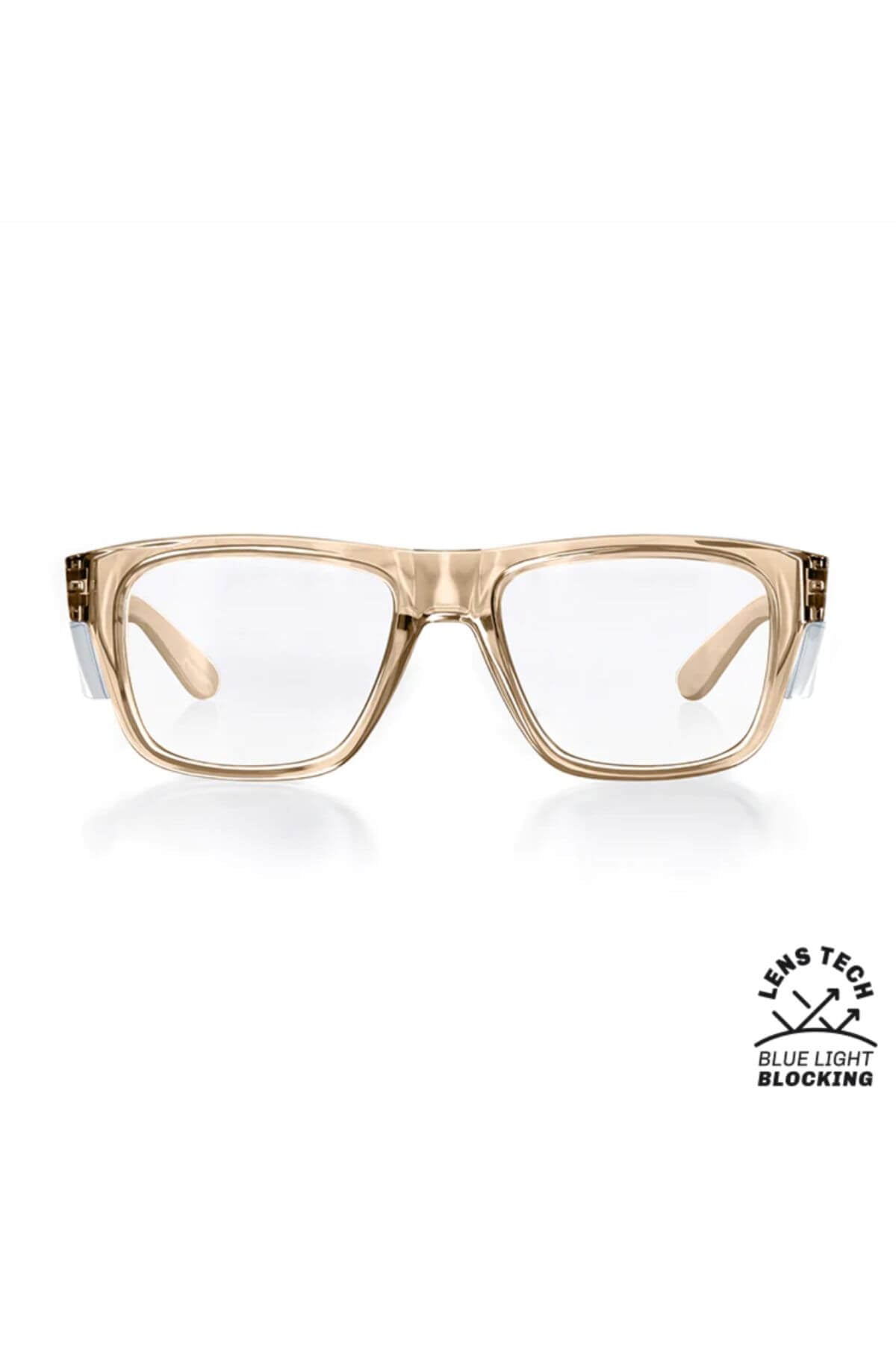 Front view of rectangular SafeStyle Fusions with champagne gold frame and clear blue light lenses designed for superior protection. The gold/white temple arms feature a "Lens Tech Blue Light Blocking" logo and offer the added benefit of UV protection.