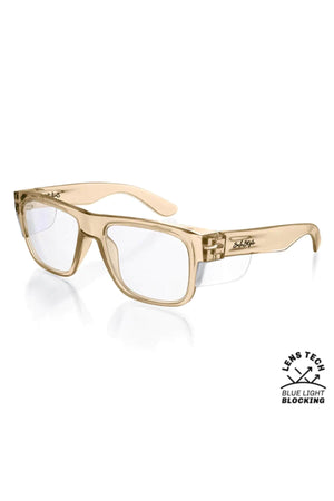 Rectangular glasses with clear lenses and light brown translucent frame; small icon on arms near hinges, labeled "Lens Tech Blue Light Blocking" for comfort, offering SafeStyle Fusions Champagne Frame Blue Light Lens with enhanced protection.