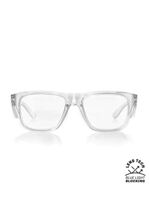 The SafeStyle Fusions Clear Frame Blue Light Lens glasses feature clear rectangular polycarbonate frames and a "Lens Tech Blue Light Blocking" logo in the corner, showcasing their blue light lens and UV protection benefits.