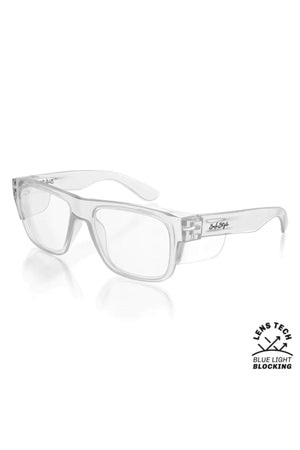 The SafeStyle Fusions Clear Frame Blue Light Lens features rectangular polycarbonate frames, a subtle temple logo, and advanced blue light lens technology for comfort and eye protection.