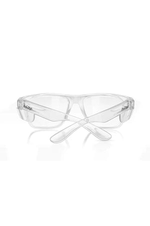 SafeStyle Fusions Clear Frame Blue Light Lens safety glasses feature wraparound polycarbonate frames, side protection, and crossed arms in a front view.