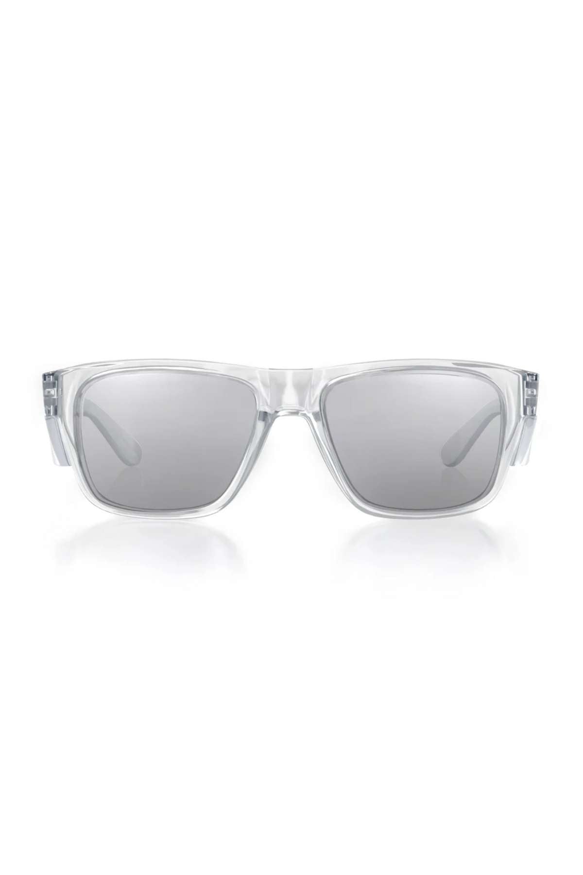 The SafeStyle Fusions clear frame hybrids feature a rectangular design with transparent frames and dark-tinted photochromic lenses that provide full UV protection, shown from the front on a plain white background.