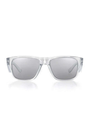 The SafeStyle Fusions clear frame hybrids feature a rectangular design with transparent frames and dark-tinted photochromic lenses that provide full UV protection, shown from the front on a plain white background.