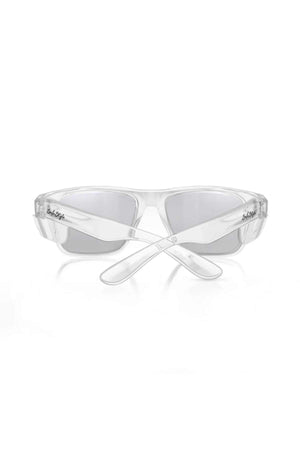 The SafeStyle Fusions Clear Frame Hybrids feature shatterproof polycarbonate, wrap-around design, photochromic lenses for UV protection, and crossed ergonomic arms for a comfortable fit.