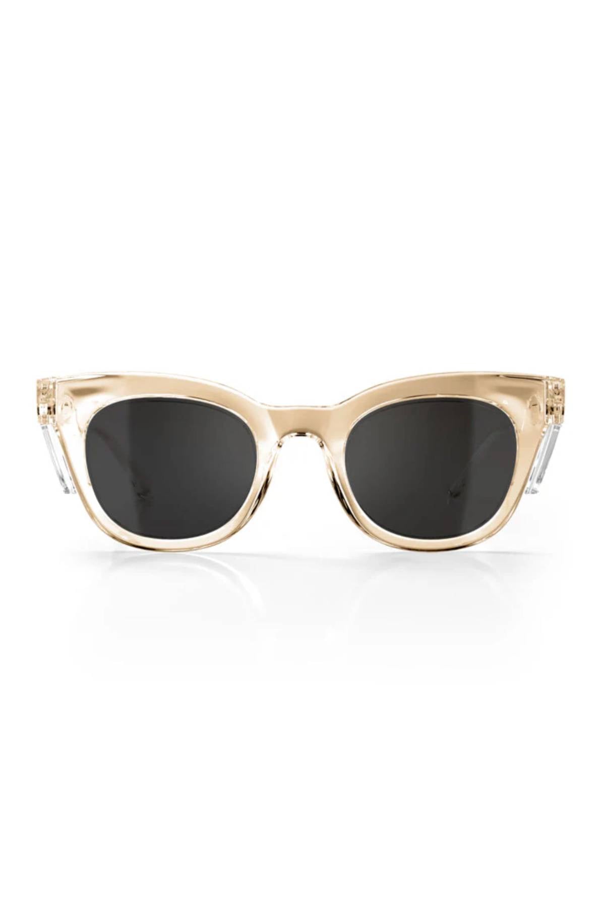 SafeStyle Harps sunglasses with a champagne frame and polarised black lenses, enhancing clarity, displayed on a white background.