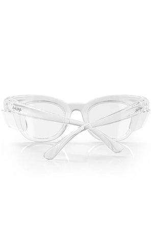 The SafeStyle Harps Clear Frame Clear Lens safety glasses, featuring UV400 protection and transparent, shatterproof frames, are shown from the back with their arms crossed on a white background.