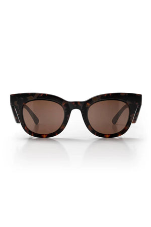 Front view of SafeStyle Harps sunglasses with a matte tort frame and brown polarised lenses offering UV protection, shown against a white background with a subtle reflection below.