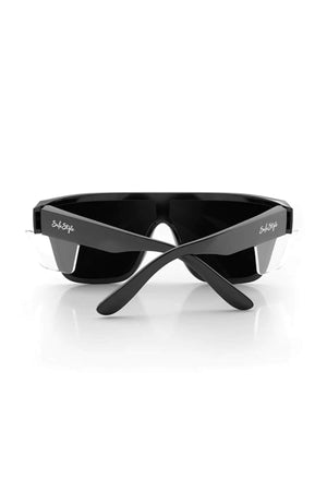 The SafeStyle Primes Black Frame Tinted Lens sunglasses feature thick black frames, the "Sub Style" logo on the crossed arms, UV400 protection, and slightly reflective tinted lenses, all shown against a plain white background.