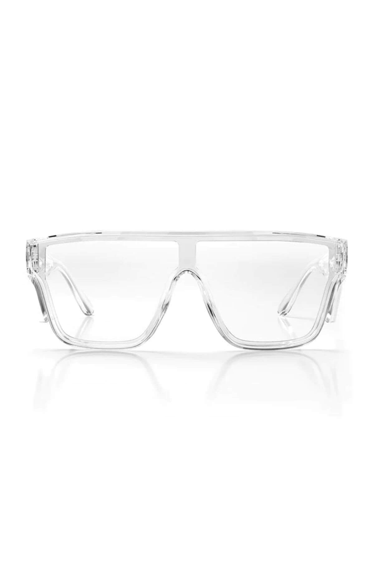 The SafeStyle Primes Clear Frame Clear Lens glasses feature oversized rectangular shatterproof frames, wide temples, UV400 protection, and a modern minimalist design, displayed against a plain white background.
