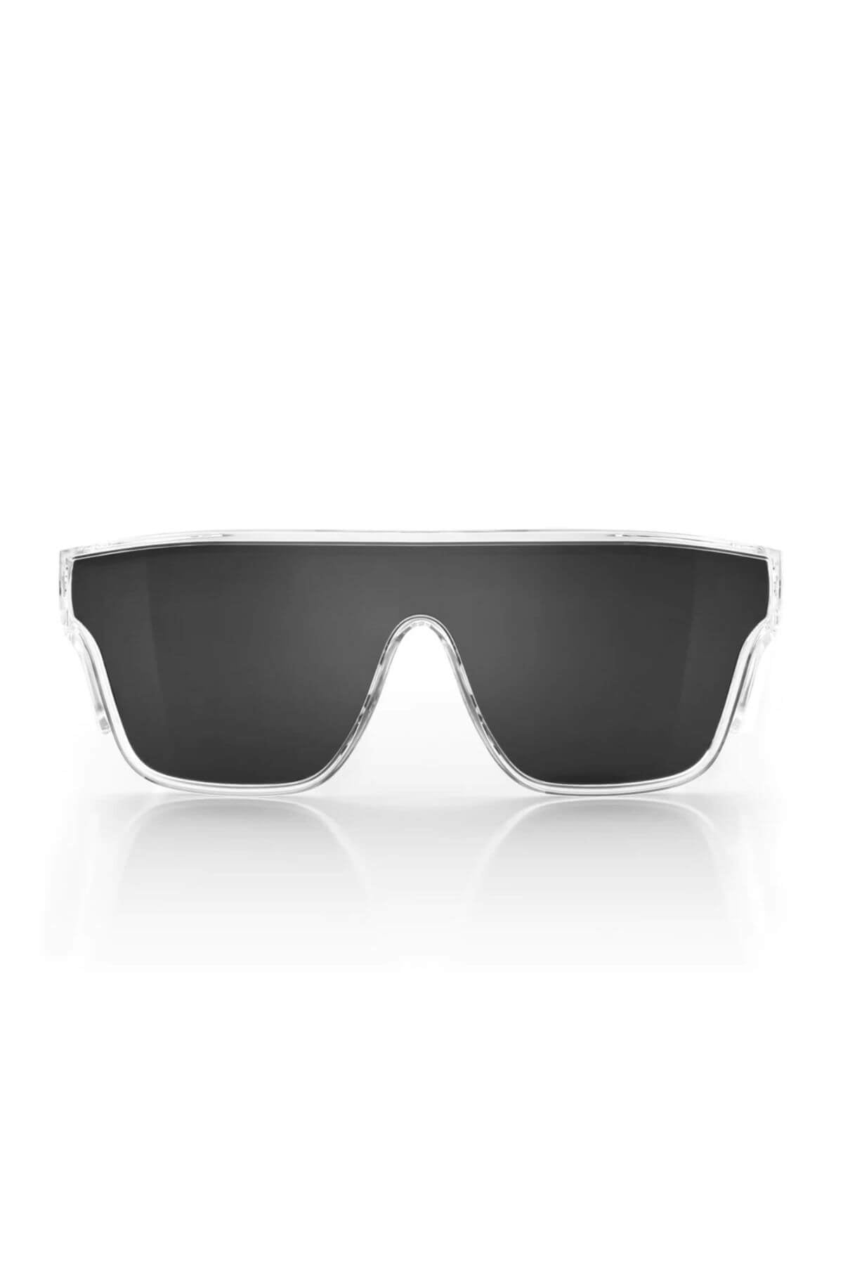 The SafeStyle Primes sunglasses boast a futuristic design with a clear frame, wide tinted UV400 lens, and an anti-scratch coating.