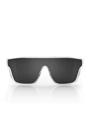 The SafeStyle Primes sunglasses boast a futuristic design with a clear frame, wide tinted UV400 lens, and an anti-scratch coating.
