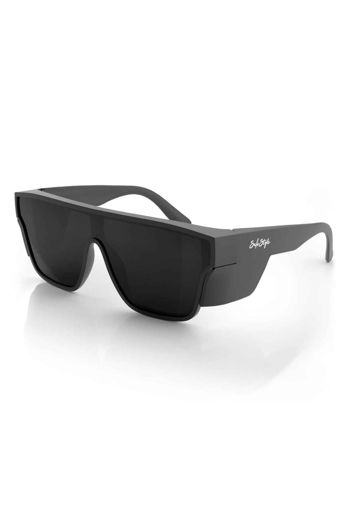 The SafeStyle Primes boast an oversized, rectangular matte black frame made from shatterproof polycarbonate, featuring Polarised UV400 dark tinted lenses and a discreet temple logo. They are stylishly showcased on a white surface.