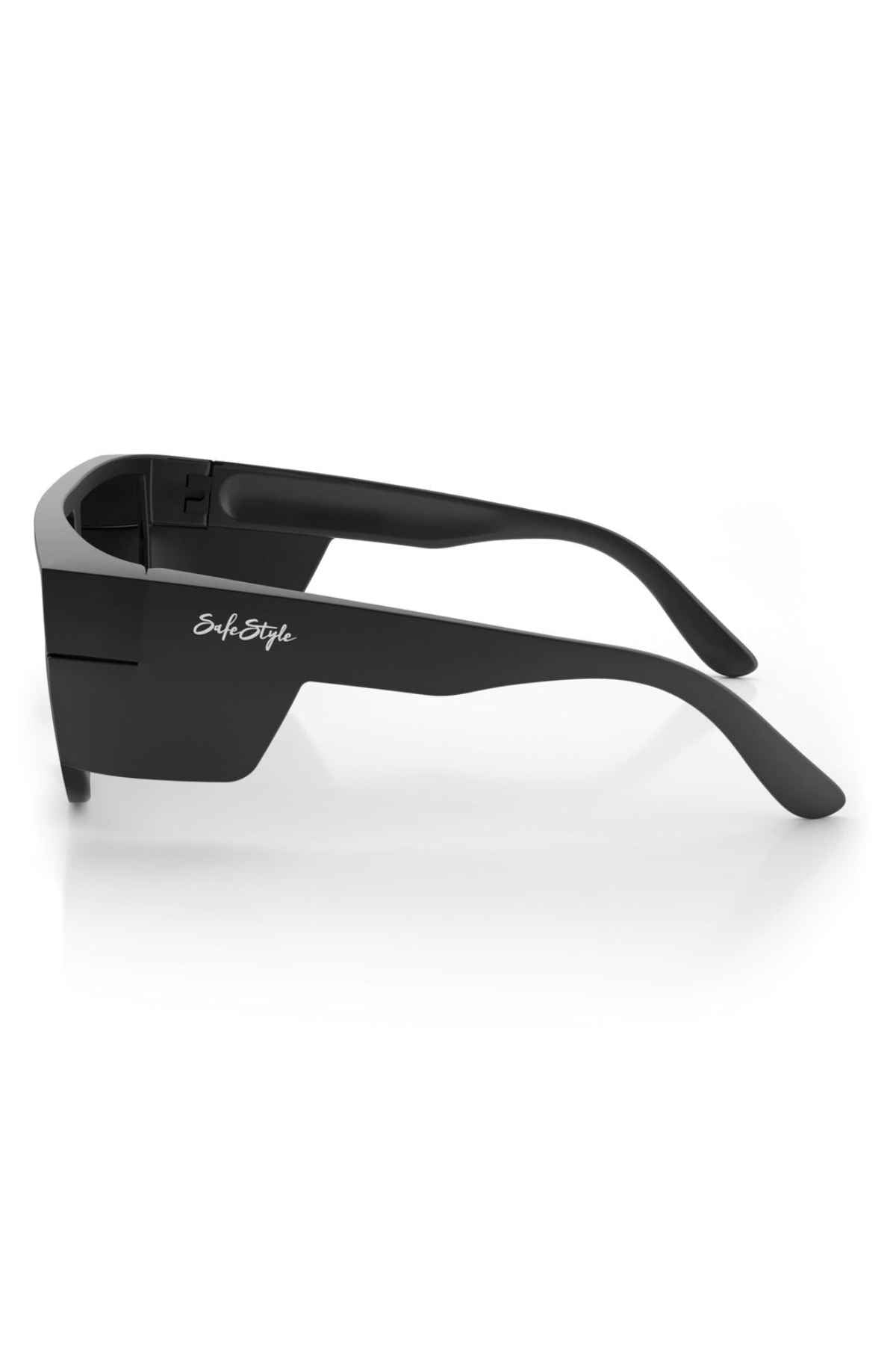 Side view of sleek SafeStyle Primes with wide arms and a matte black frame. Made from shatterproof polycarbonate, these minimalist sunglasses feature an oversized design with Polarised UV400 lenses for optimal eye protection.