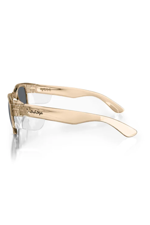 Side view of SafeStyle Classics Champagne Frame Polarised Lens sunglasses with wide arms and signature detail. These stylish safety glasses offer UV400 protection, showcased elegantly on a white background.