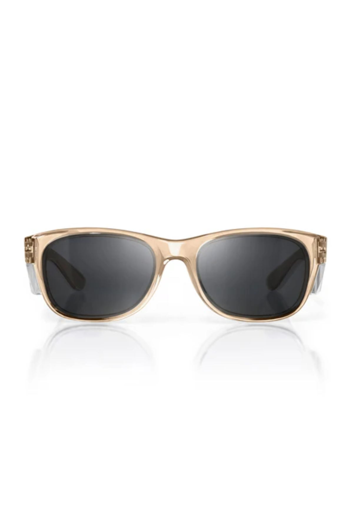 The SafeStyle Classics sunglasses feature a rectangular design with translucent beige champagne frames and dark polarised UV400 lenses, displayed on a white background.